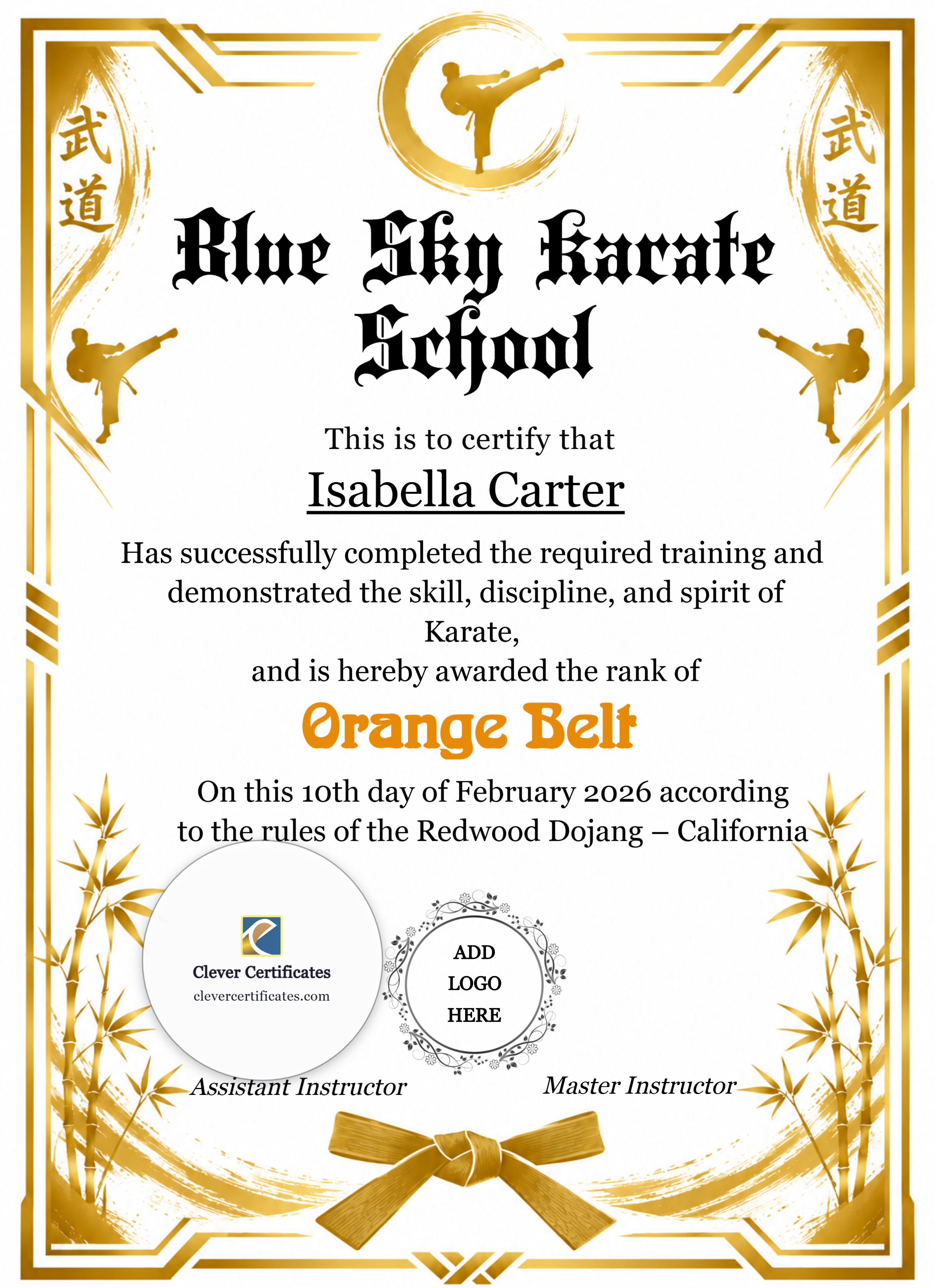 Karate Orange Belt Certificate Portrait — Certificate Template Preview