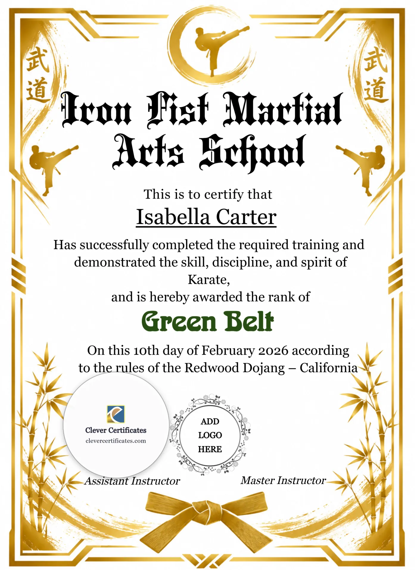 Karate Green Belt Certificate Portrait — Certificate Template Preview