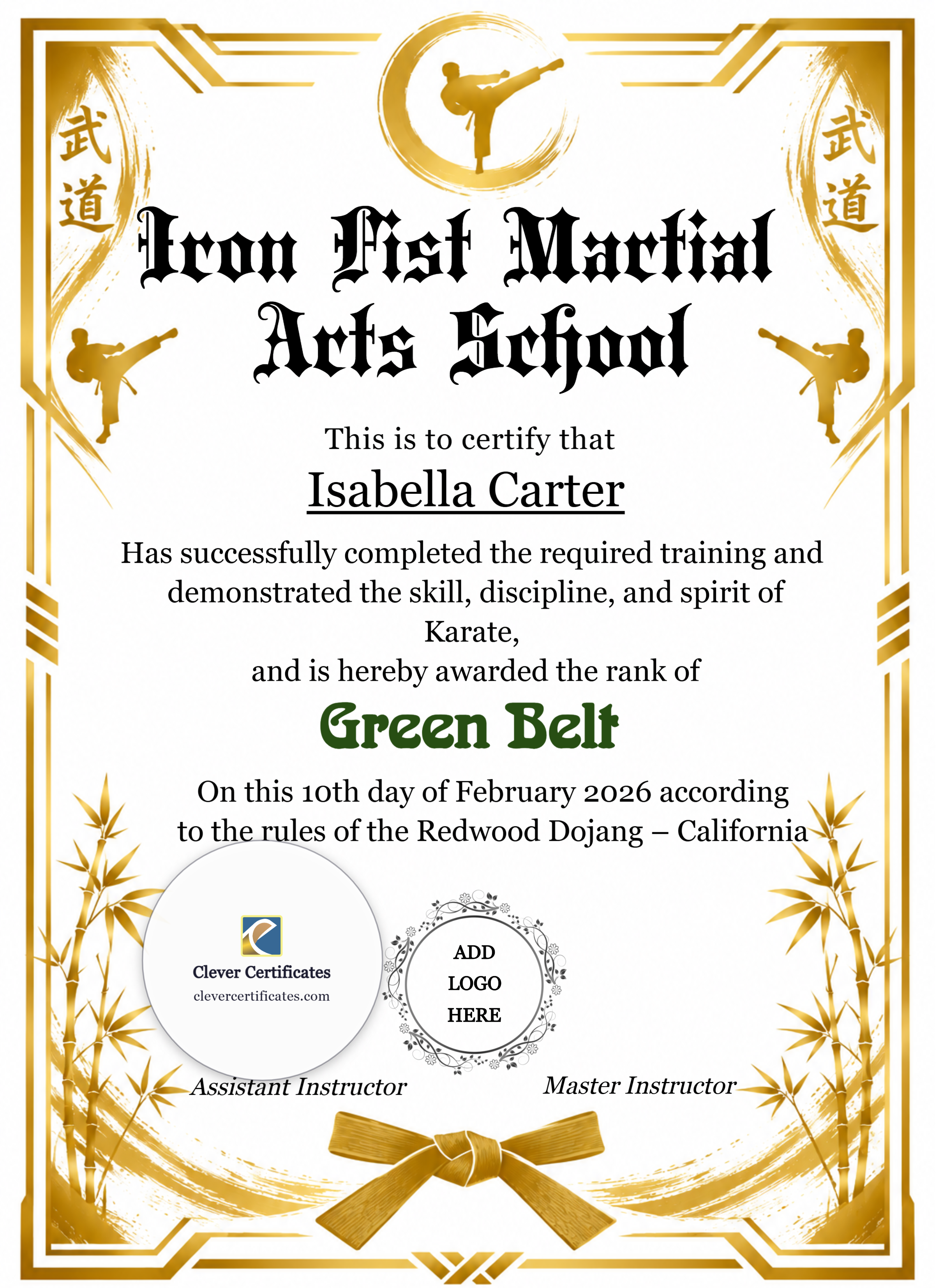 Karate Green Belt Certificate Portrait — Certificate Template Preview