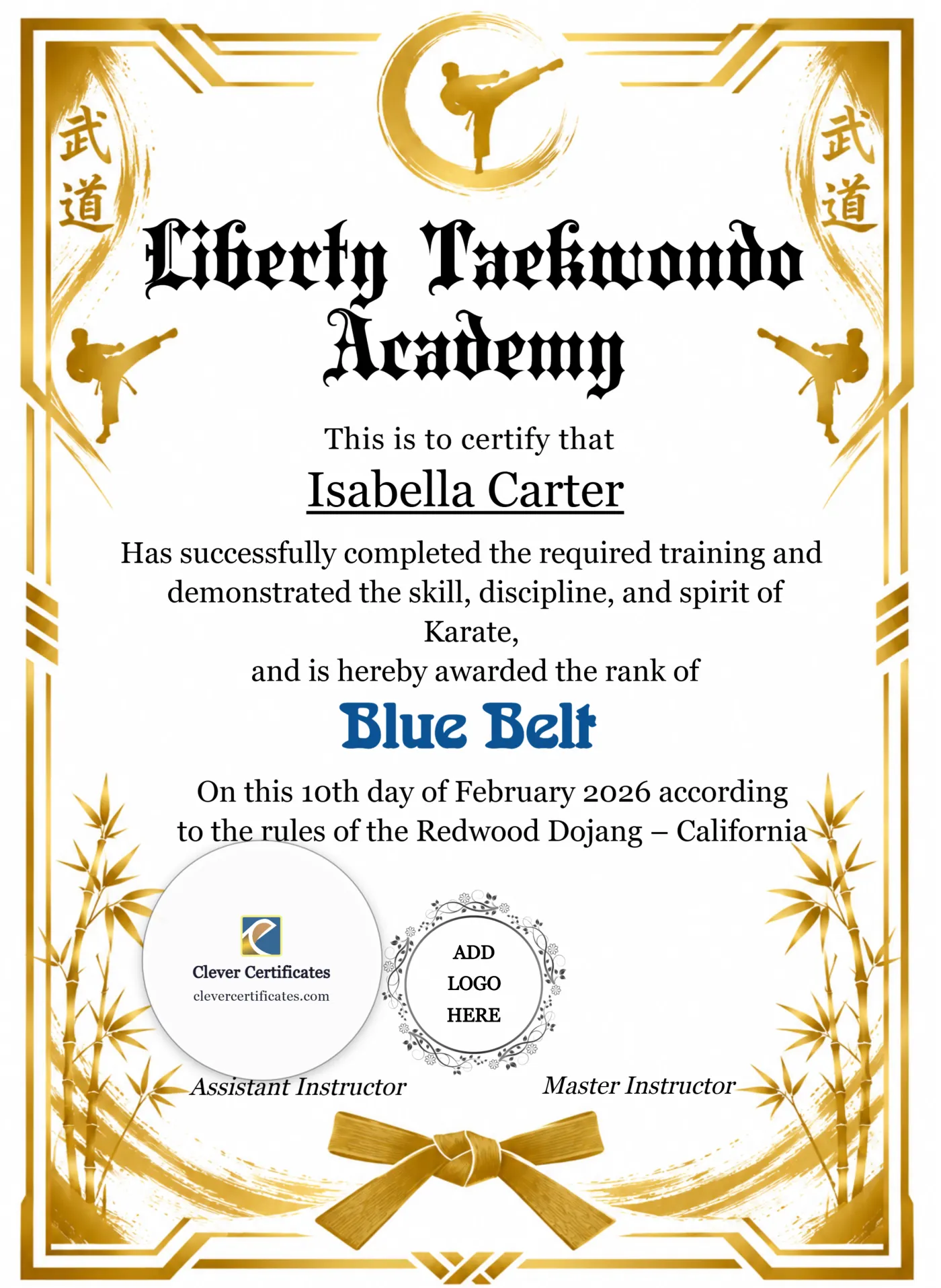 Karate Blue Belt Certificate Portrait — Certificate Template Preview