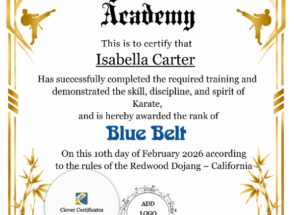 Karate Blue Belt Certificate Portrait — Certificate Template Preview