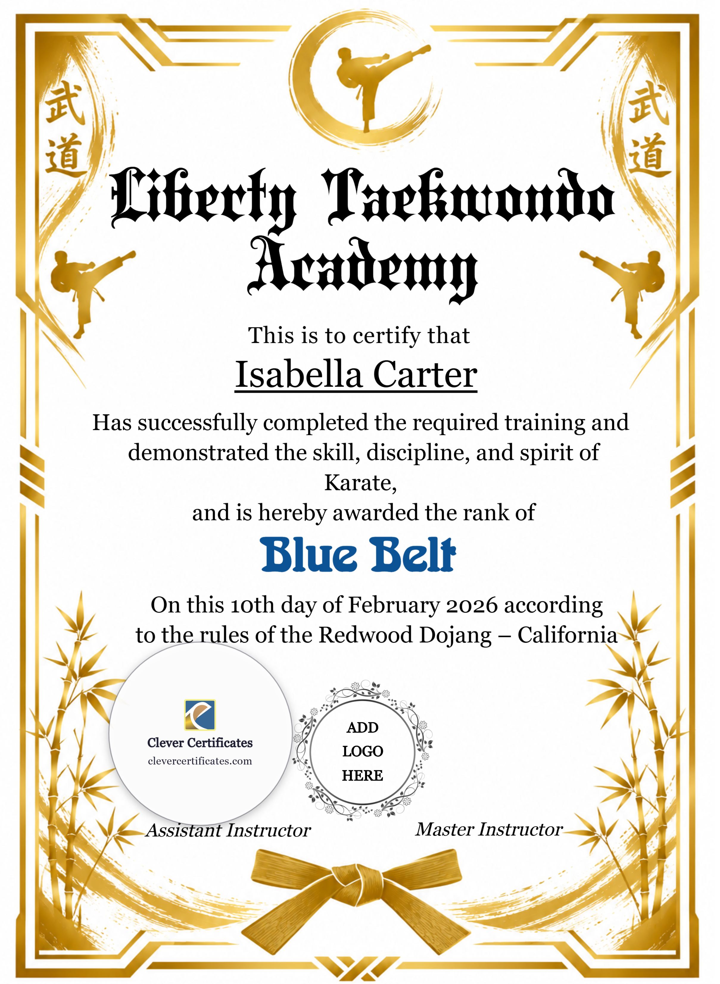 Karate Blue Belt Certificate Portrait — Certificate Template Preview