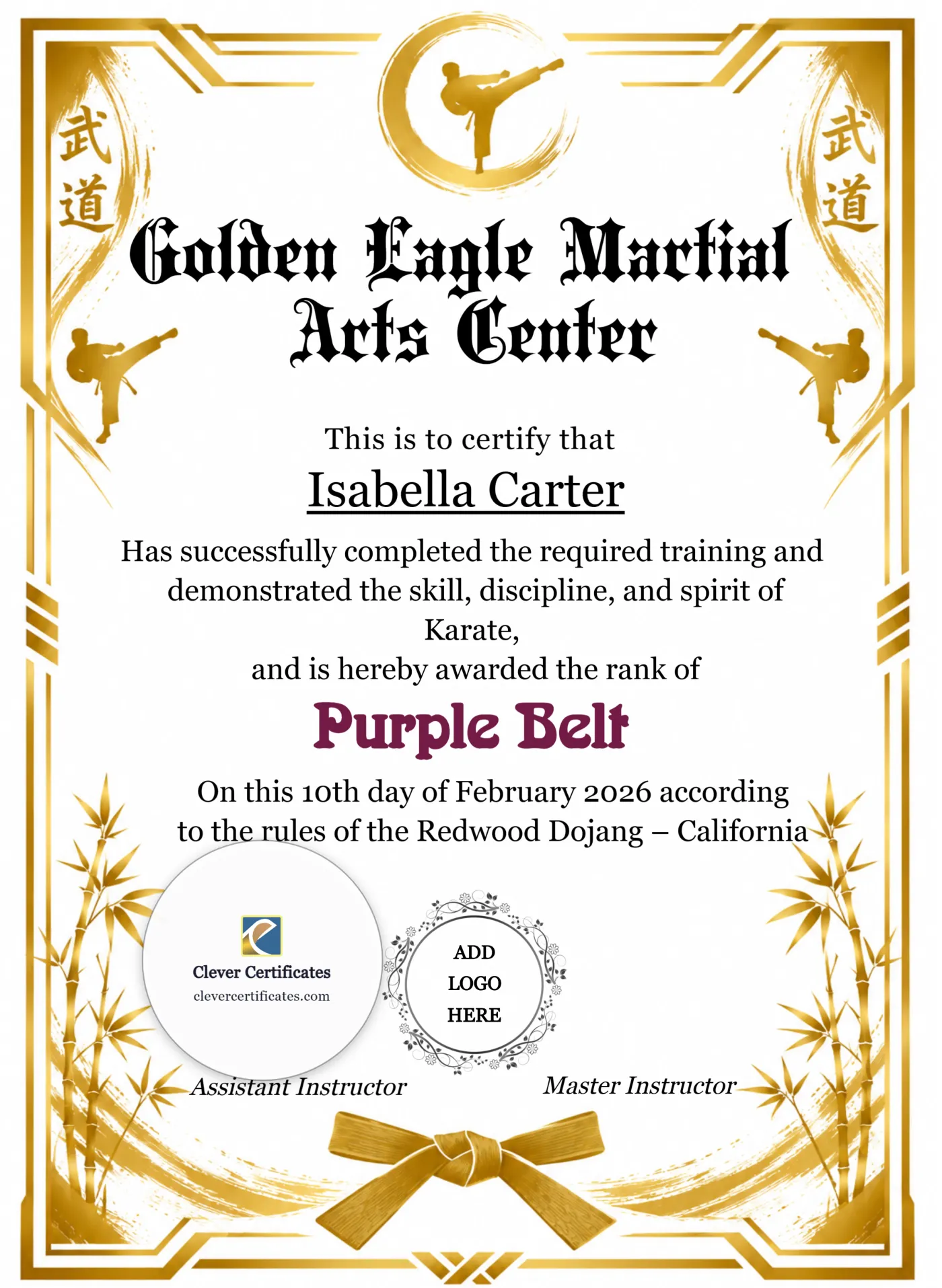 Karate Purple Belt Certificate Portrait — Certificate Template Preview