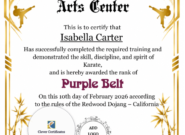 Karate Purple Belt Certificate — Portrait