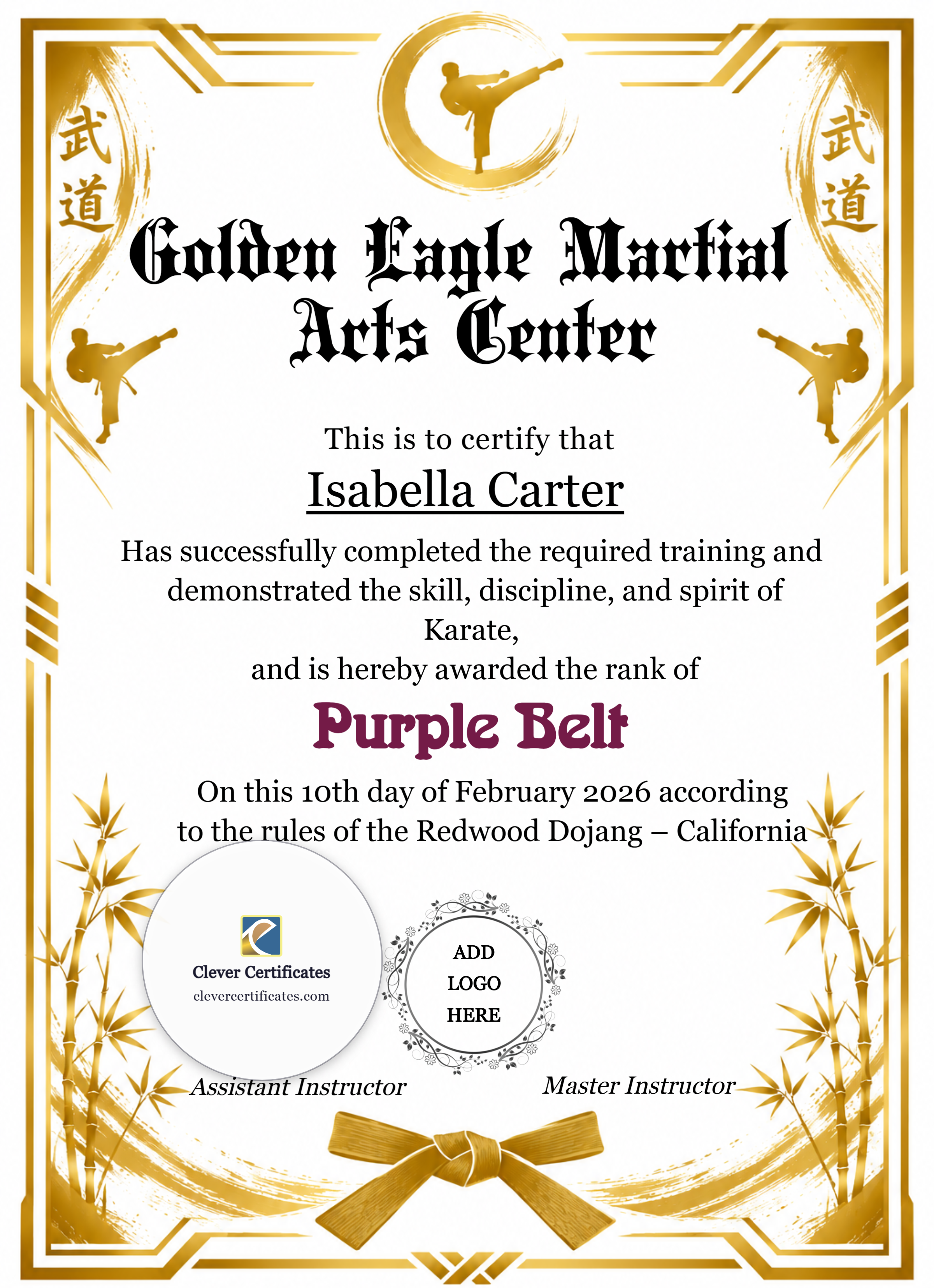 Karate Purple Belt Certificate Portrait — Certificate Template Preview