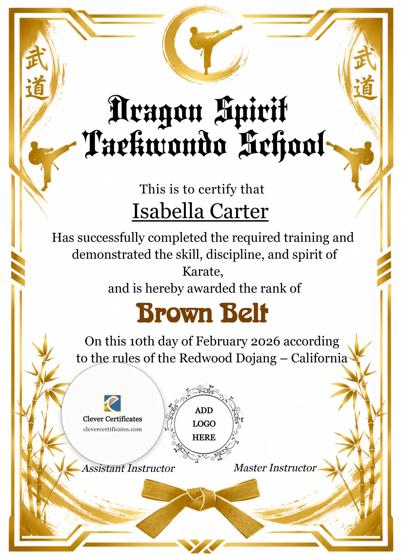 Karate Brown Belt Certificate Portrait Style 2 — Certificate Template Preview