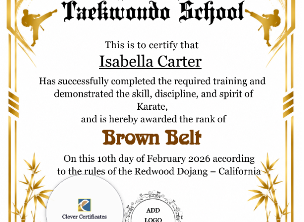 Karate Brown Belt Certificate — Portrait Style 2