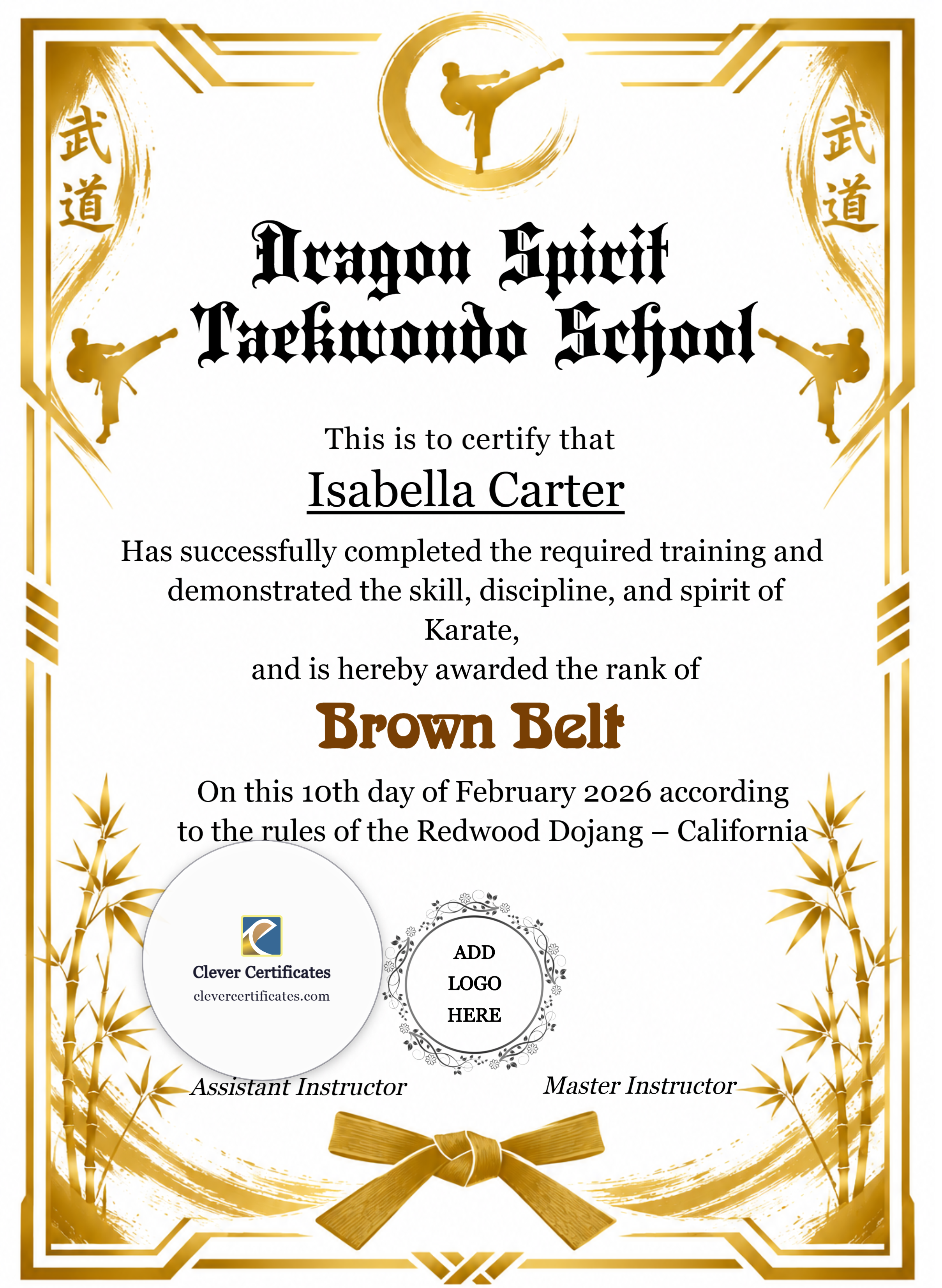 Karate Brown Belt Certificate Portrait Style 2 — Certificate Template Preview
