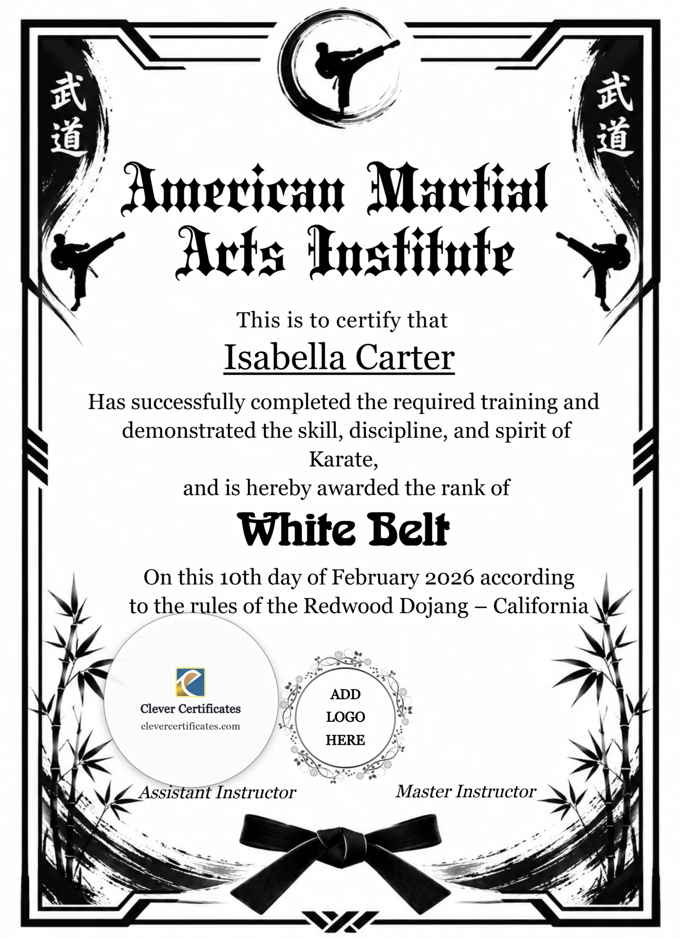 Karate White Belt Certificate Portrait — Certificate Template Preview
