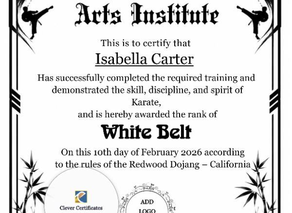 Karate White Belt Certificate — Portrait