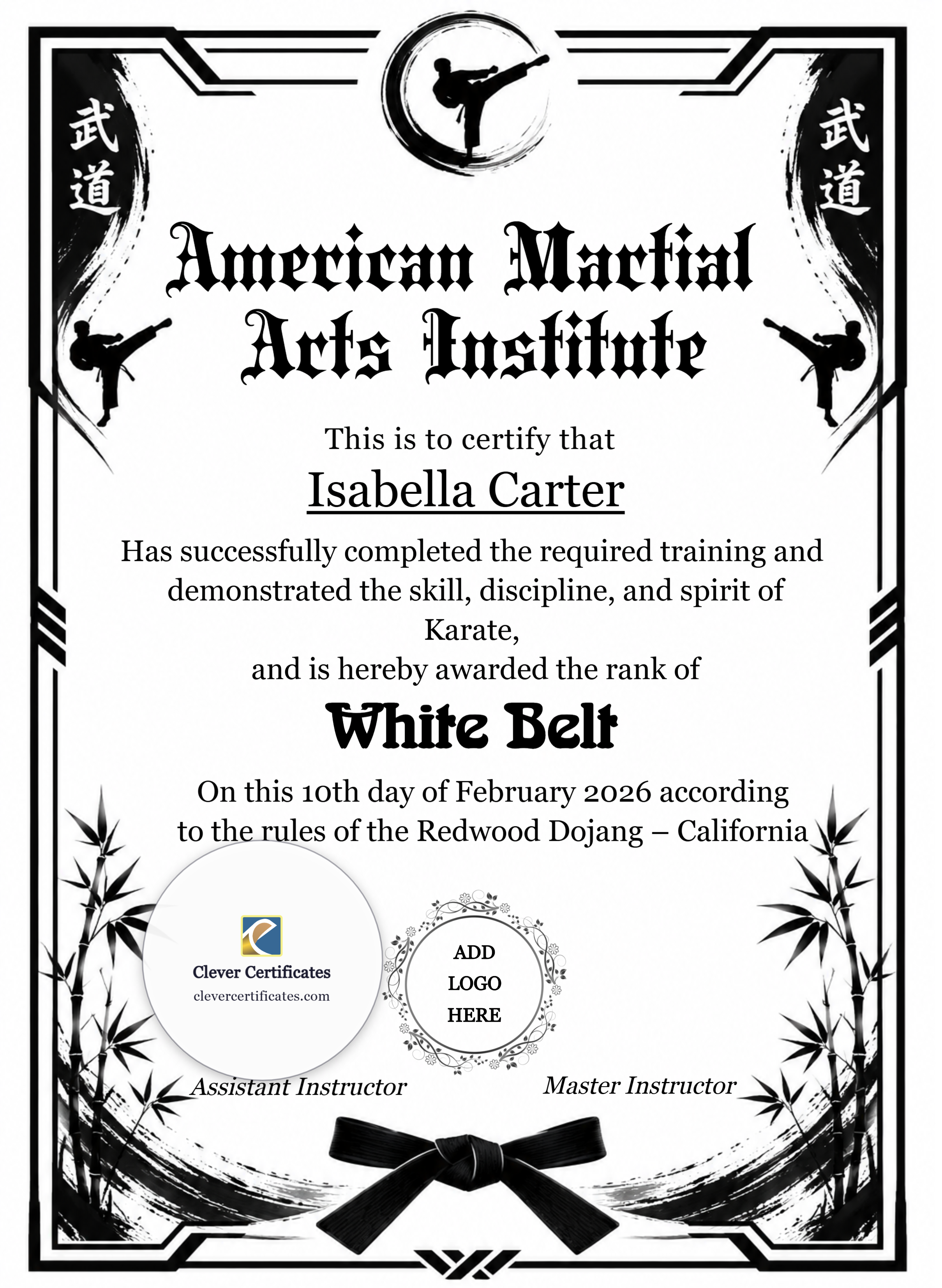 Karate White Belt Certificate Portrait — Certificate Template Preview
