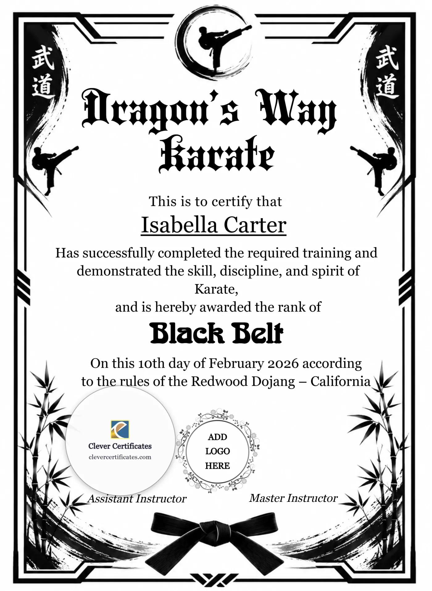 Karate Black Belt Certificate Portrait — Certificate Template Preview