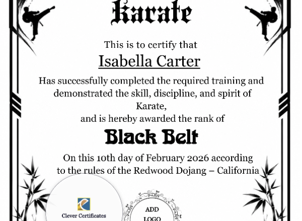 Karate Black Belt Certificate — Portrait