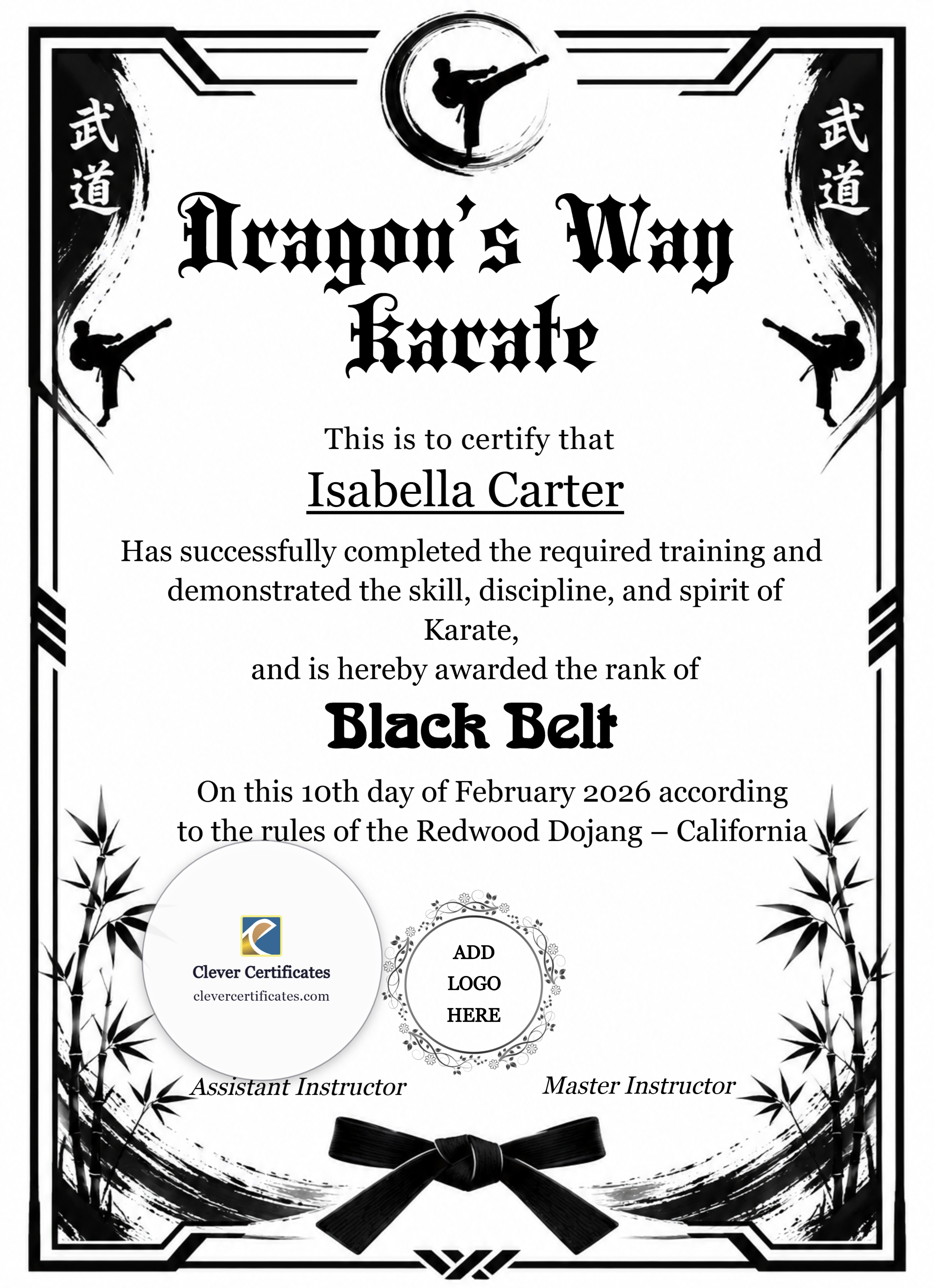 Karate Black Belt Certificate Portrait — Certificate Template Preview
