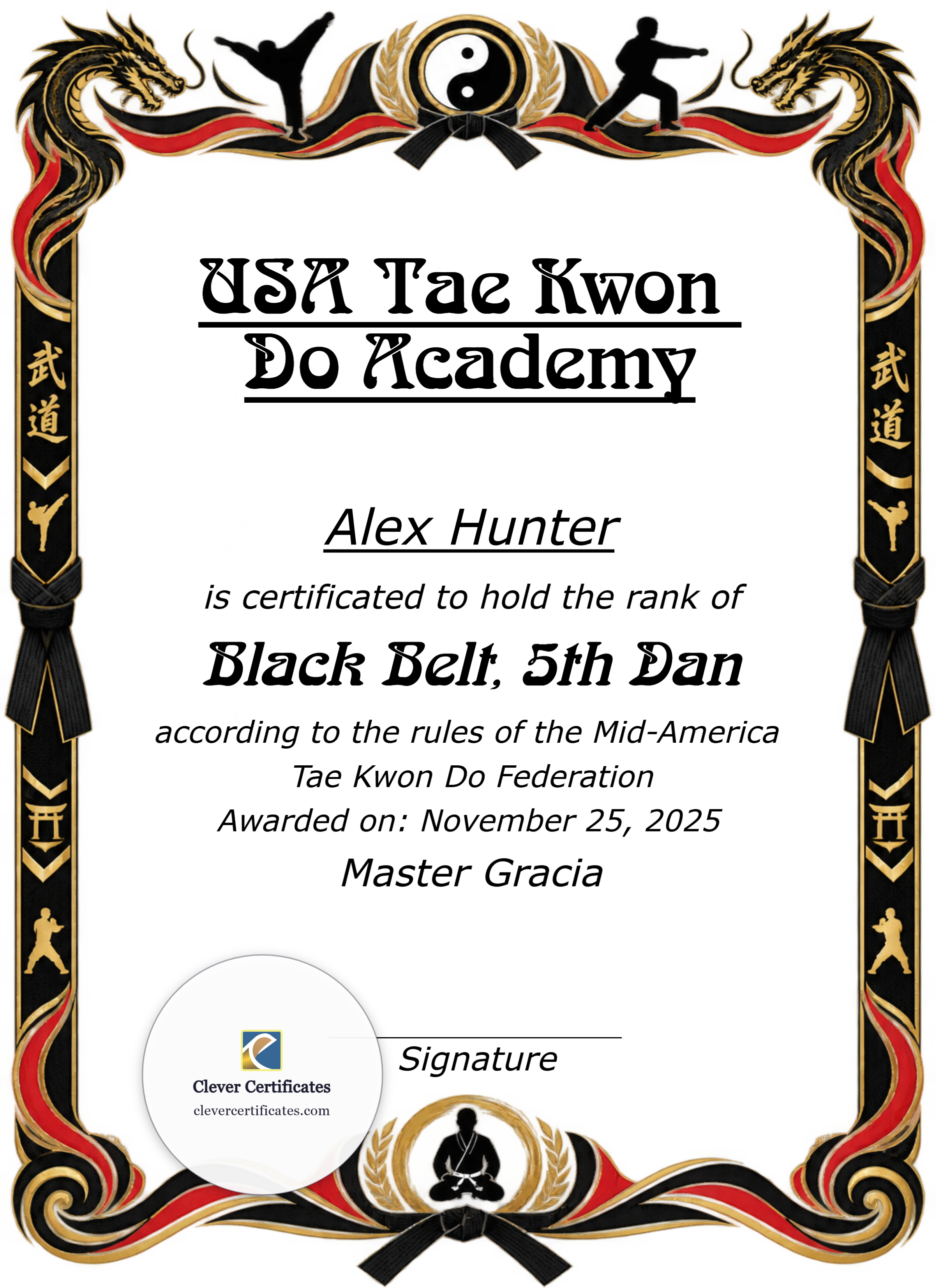 Tae Kwon Do Black Belt Certificate Portrait — Certificate Template Preview
