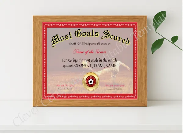 Realistic mockup featuring Most Goals Scored Award displayed within a modern frame, set against a minimalistic background.