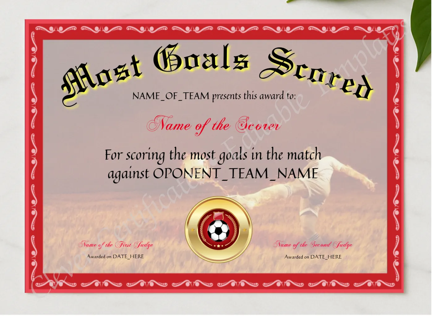 Most Goals Scored Award presented in a sleek wooden frame, elegantly arranged on a stylish table.