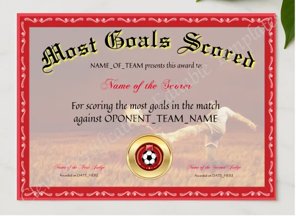 Most Goals Scored Award presented in a sleek wooden frame, elegantly arranged on a stylish table.