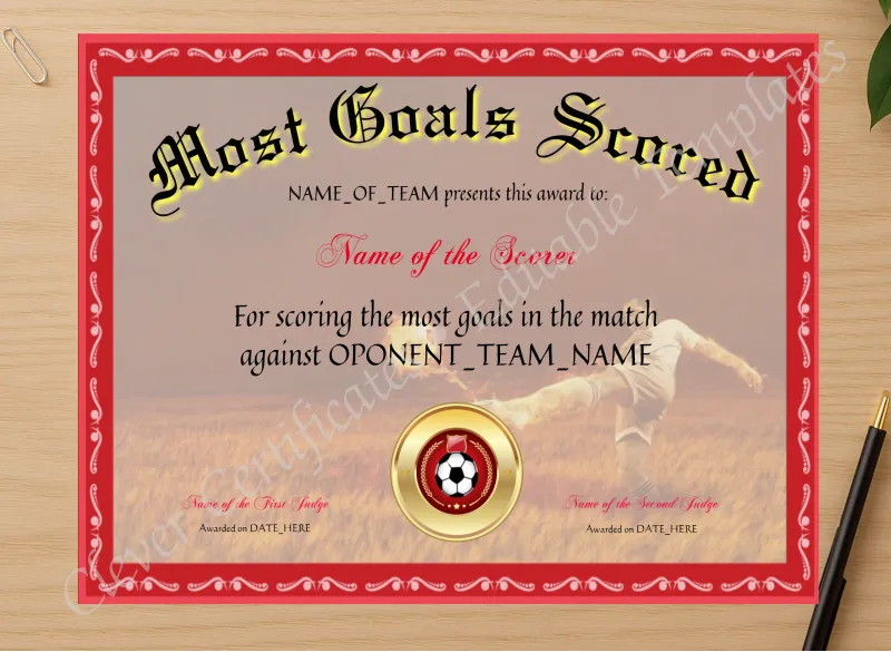 Professional preview of Most Goals Scored Award certificate on high-quality stationery paper, ideal for showcasing the final look.