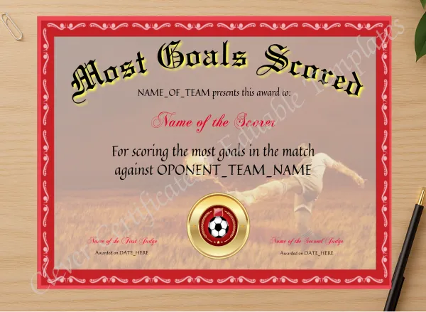 Professional preview of Most Goals Scored Award certificate on high-quality stationery paper, ideal for showcasing the final look.