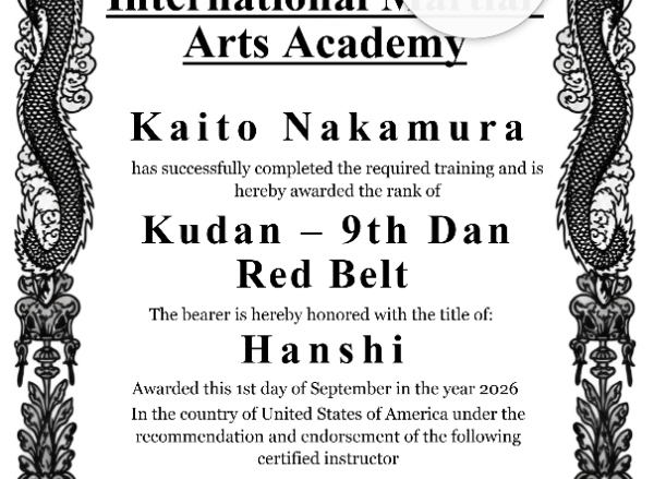 9th Dan Kudan Certificate Portrait — Certificate Template Preview
