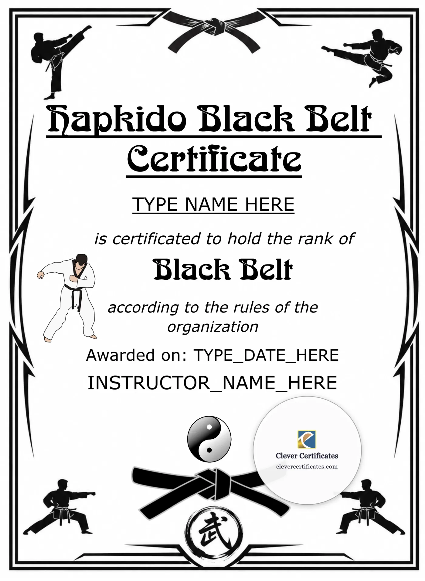 Editable Hapkido Black Belt Certificate Portrait — Certificate Template Preview