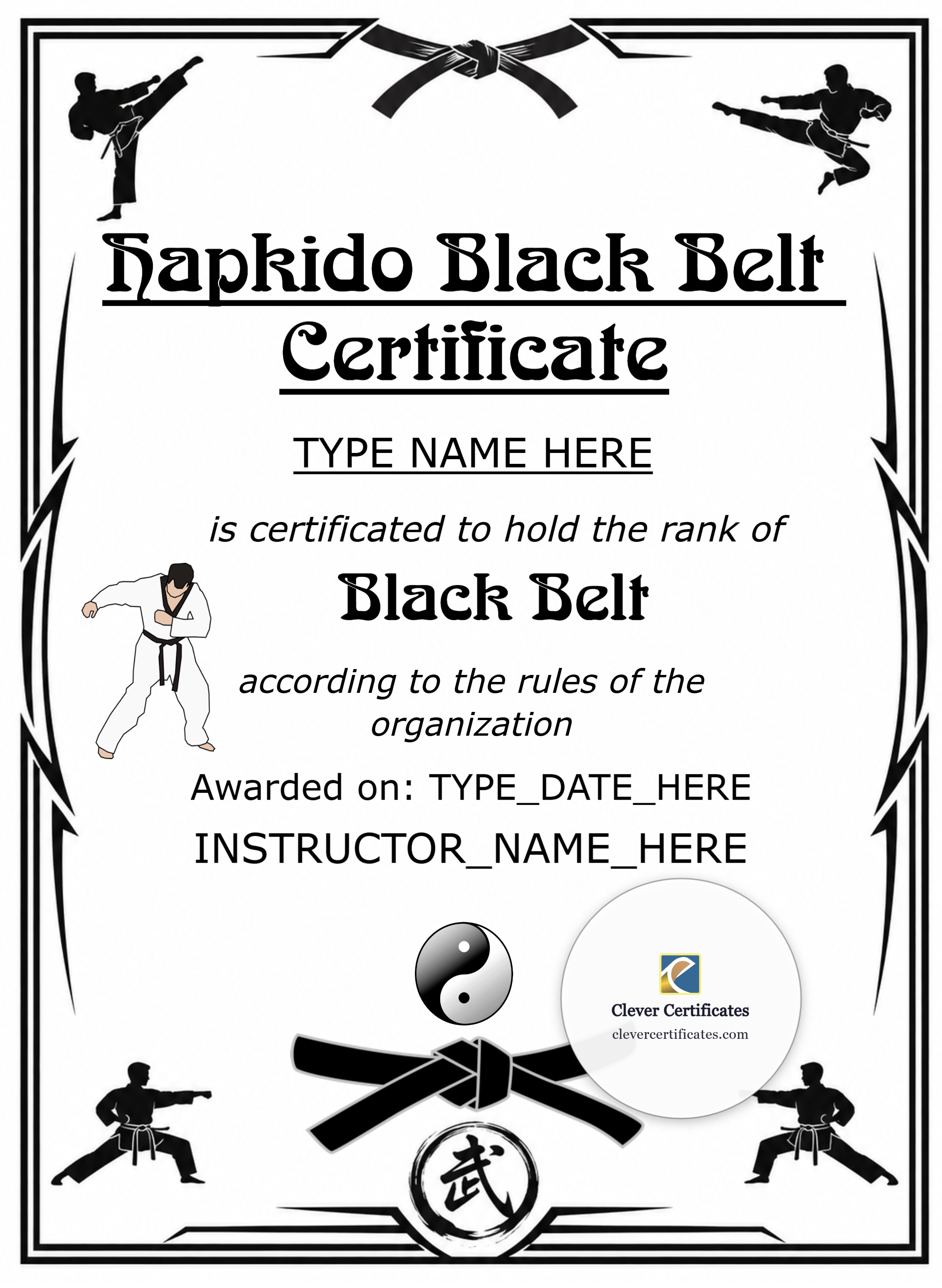 Editable Hapkido Black Belt Certificate Portrait — Certificate Template Preview