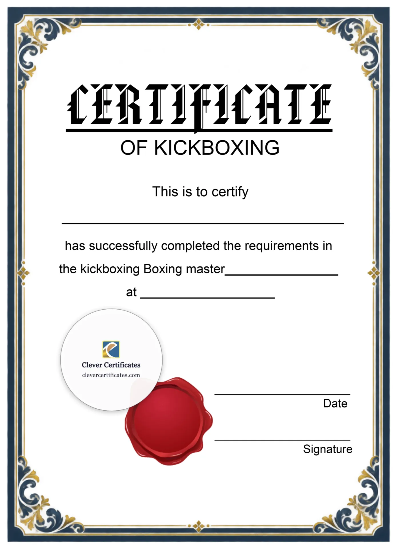Kickboxing Certificate Portrait — Certificate Template Preview