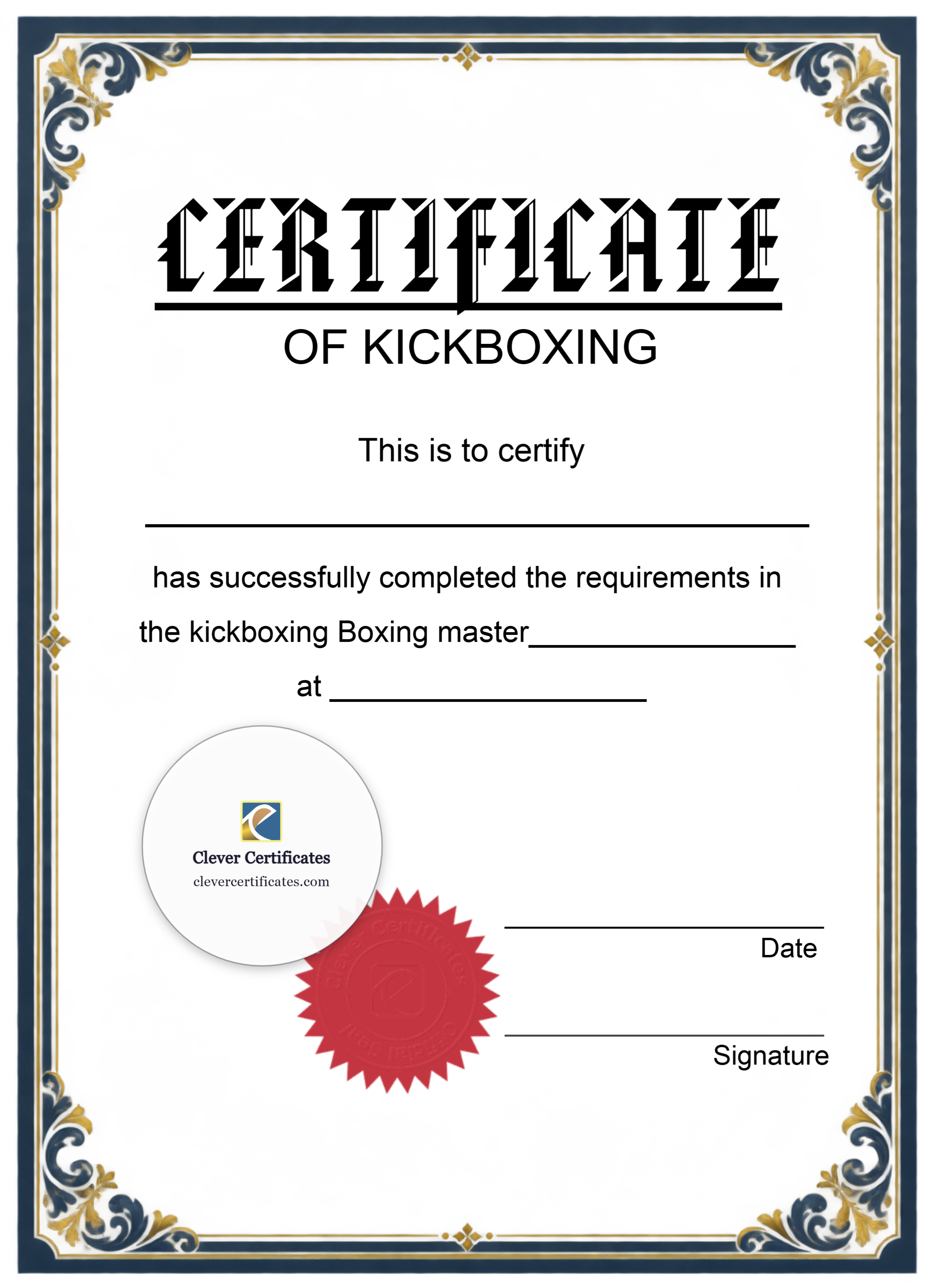 Kickboxing Certificate Portrait — Certificate Template Preview