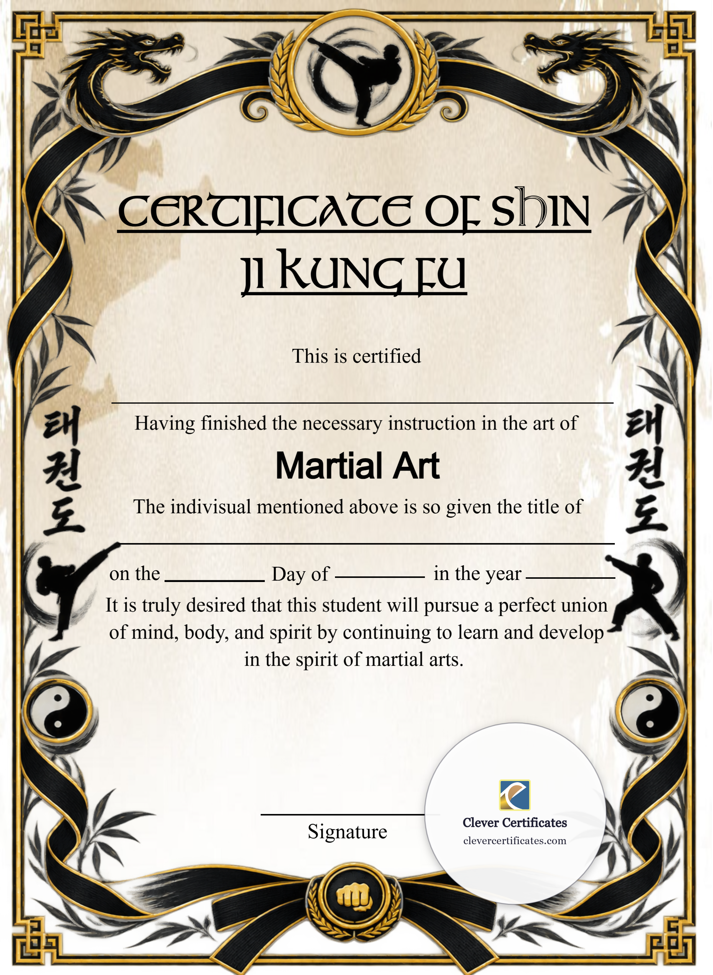 Shin Ji Kung Fu Certificate Portrait — Certificate Template Preview