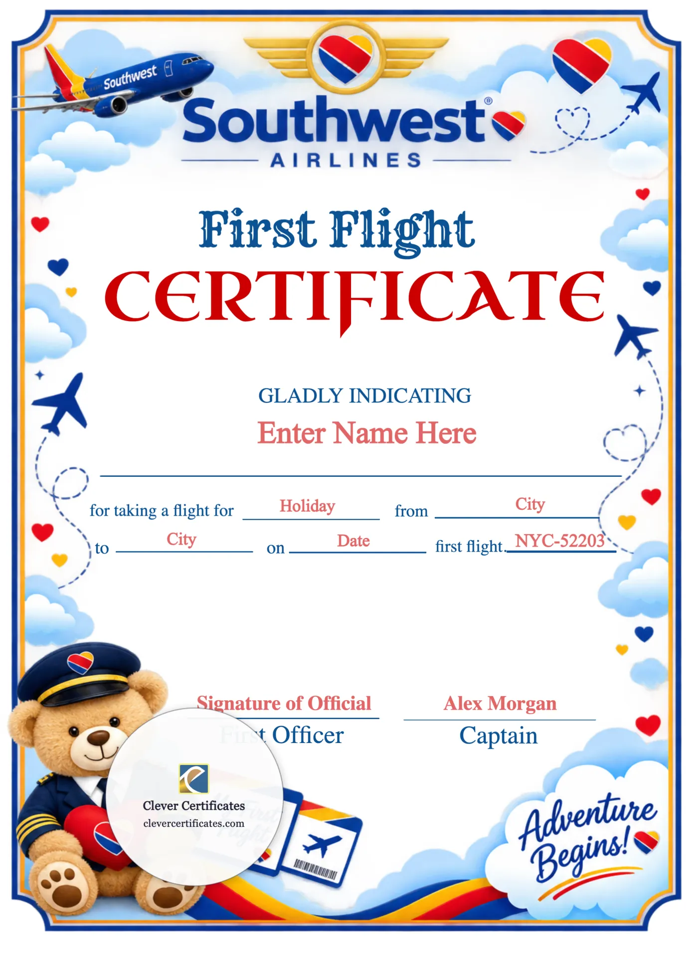 Southwest Airlines Baby First Flight Certificate Portrait — Certificate Template Preview