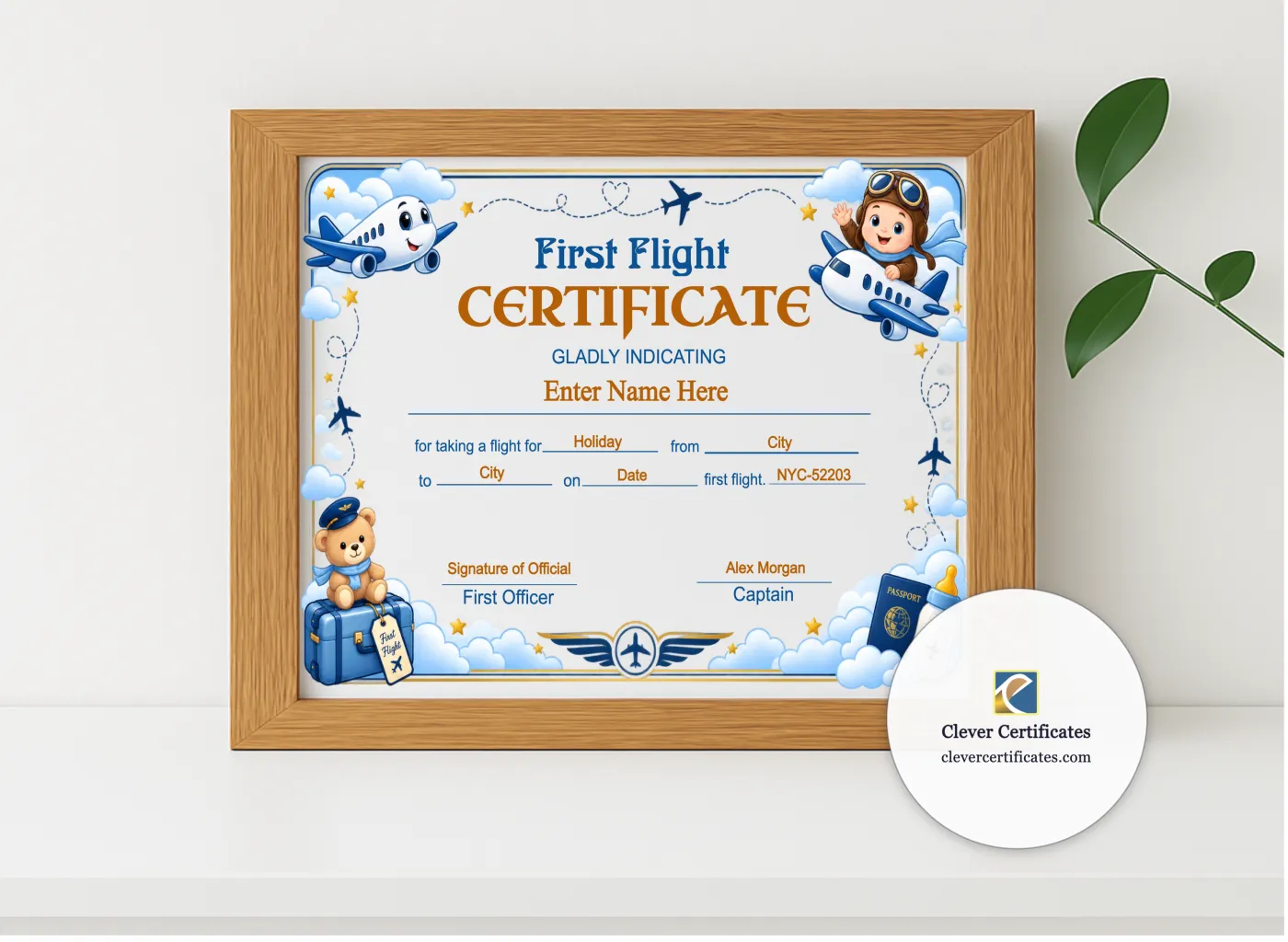 Realistic mockup featuring Southwest Airlines Baby First Flight Certificate displayed within a modern frame, set against a minimalistic background.