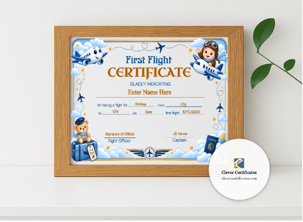 Realistic mockup featuring Southwest Airlines Baby First Flight Certificate displayed within a modern frame, set against a minimalistic background.