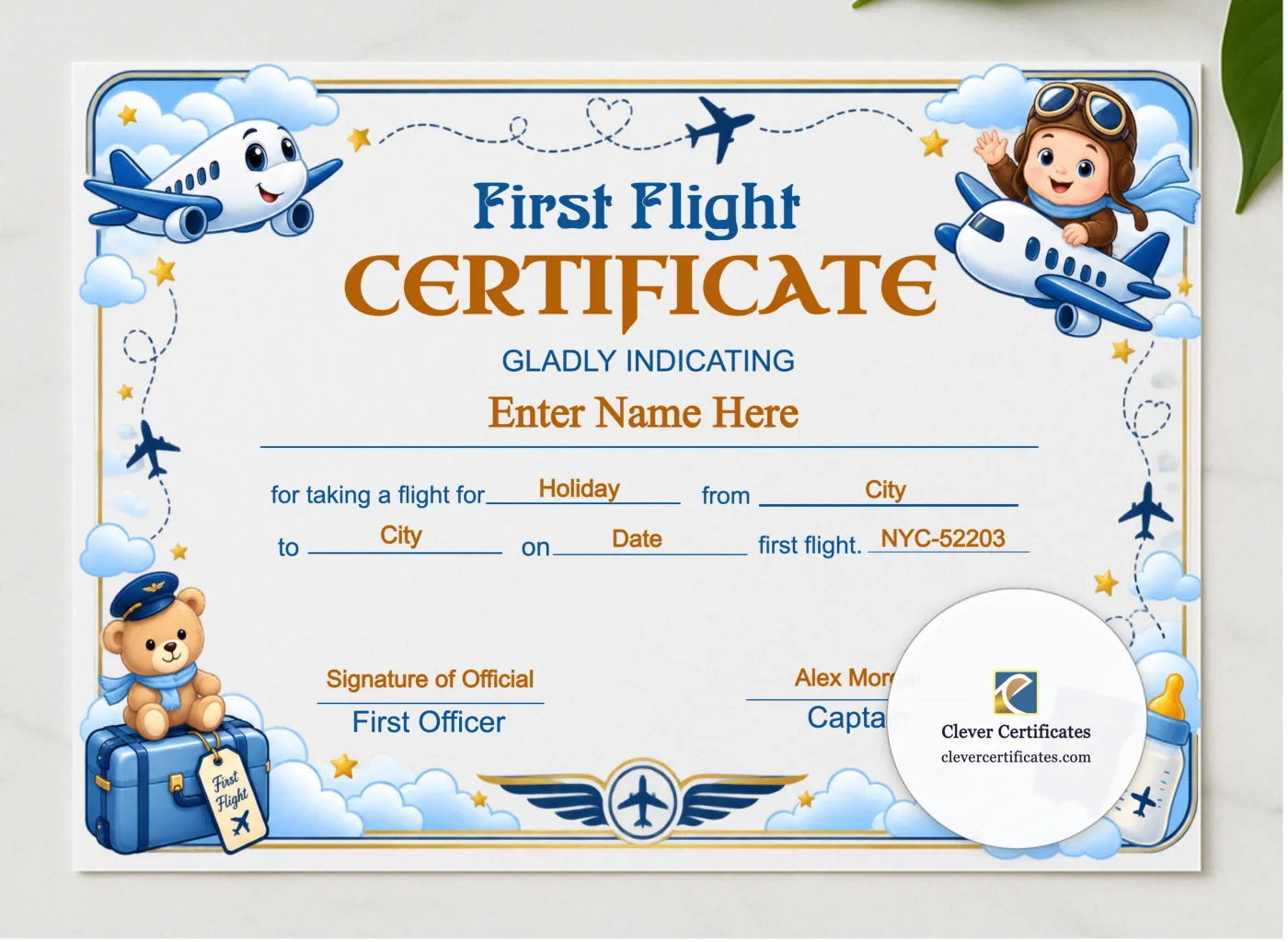 Southwest Airlines Baby First Flight Certificate presented in a sleek wooden frame, elegantly arranged on a stylish table.