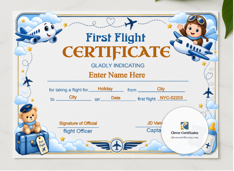 Southwest Airlines Baby First Flight Certificate presented in a sleek wooden frame, elegantly arranged on a stylish table.