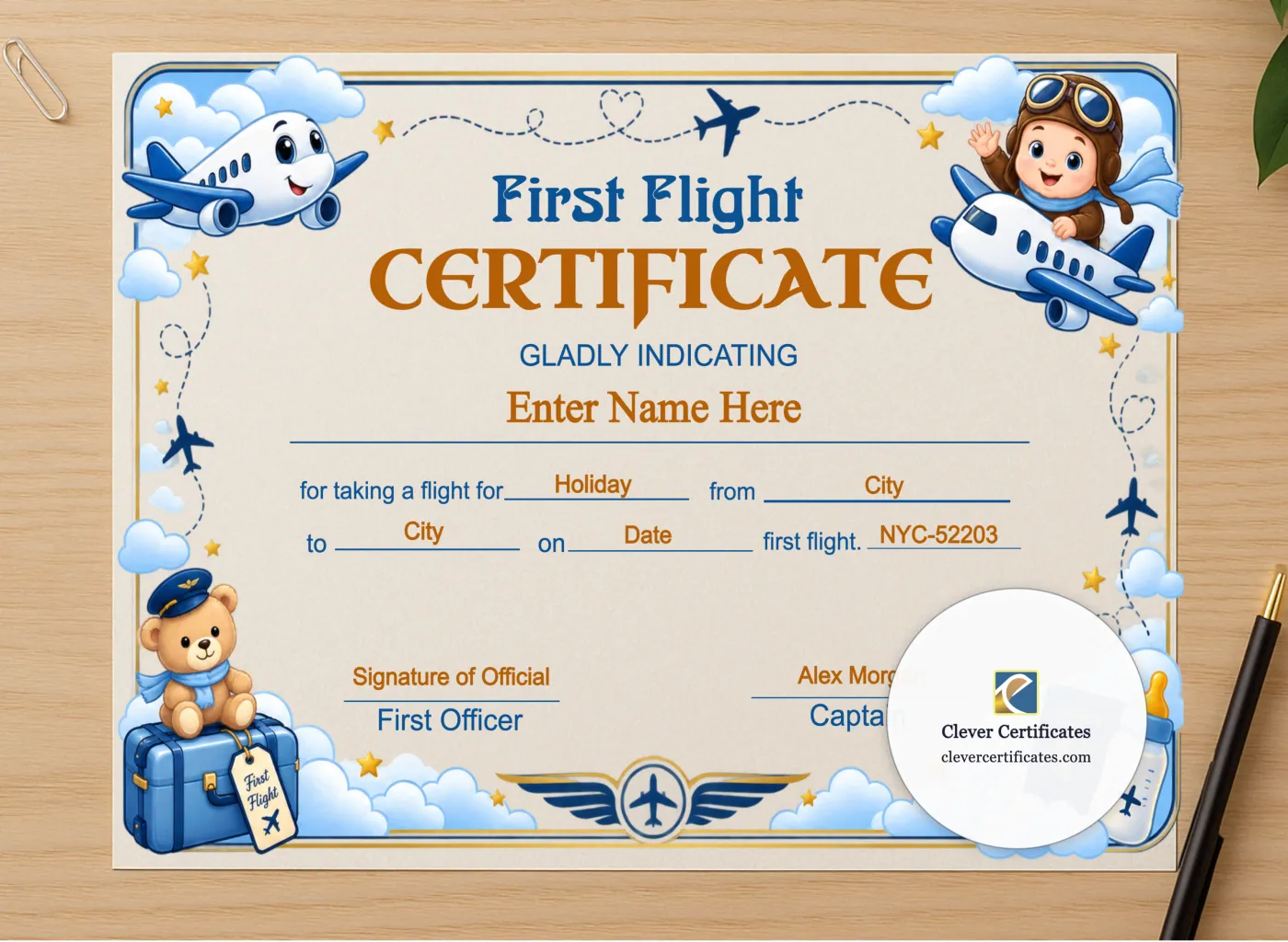 Professional preview of Southwest Airlines Baby First Flight Certificate certificate on high-quality stationery paper, ideal for showcasing the final look.