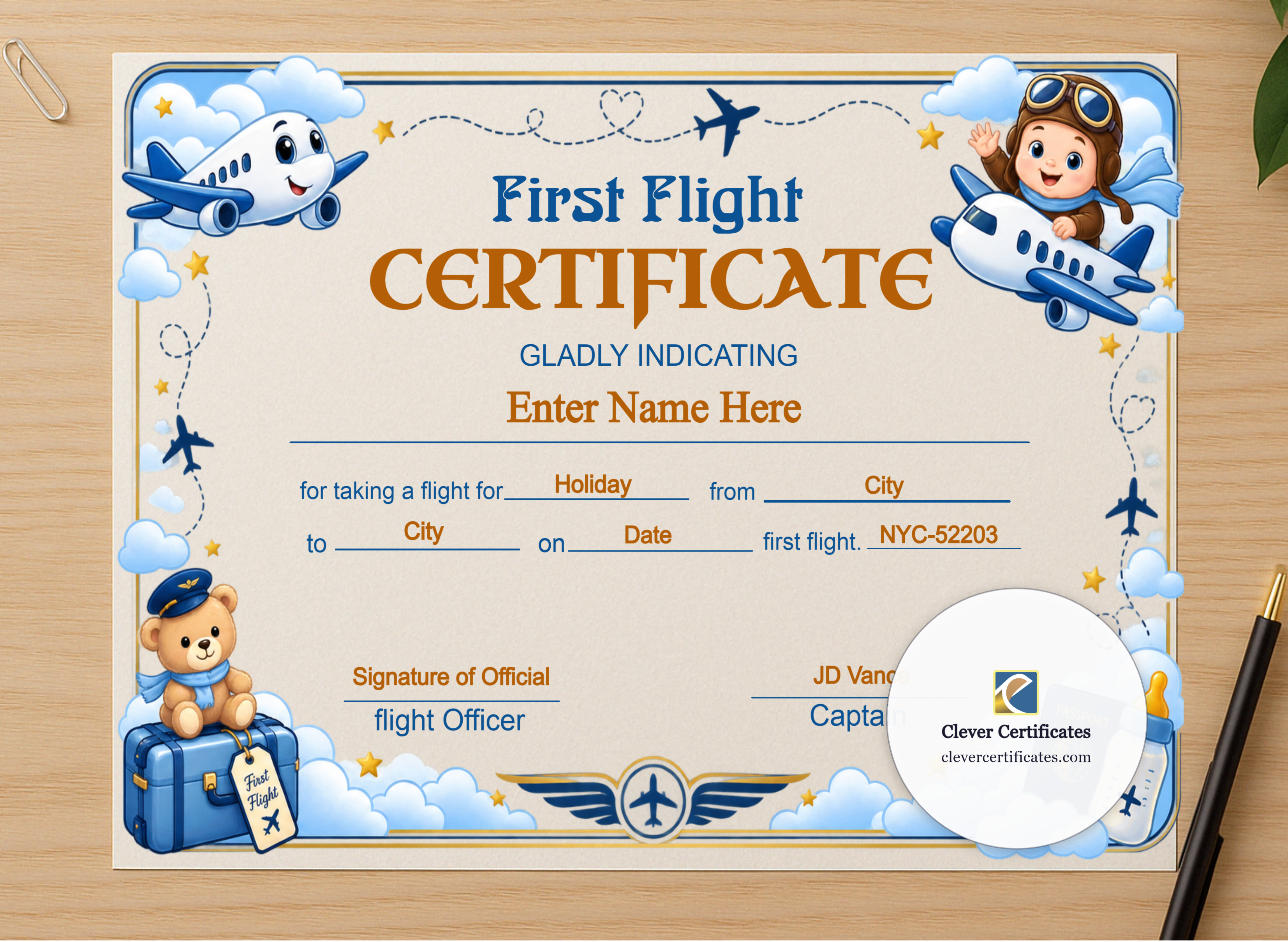 Professional preview of Southwest Airlines Baby First Flight Certificate certificate on high-quality stationery paper, ideal for showcasing the final look.