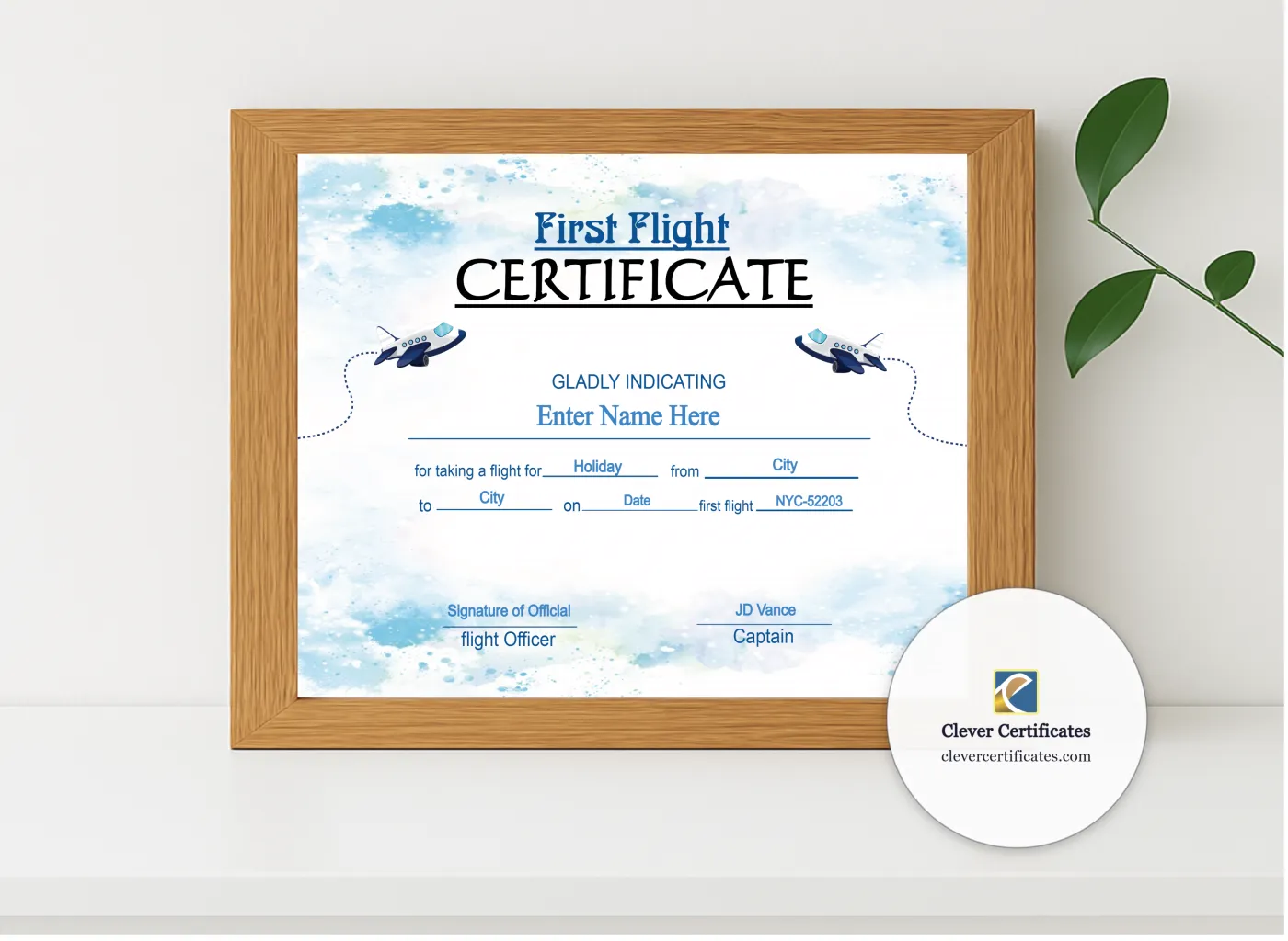 Realistic mockup featuring Air India Baby First Flight Certificate displayed within a modern frame, set against a minimalistic background.
