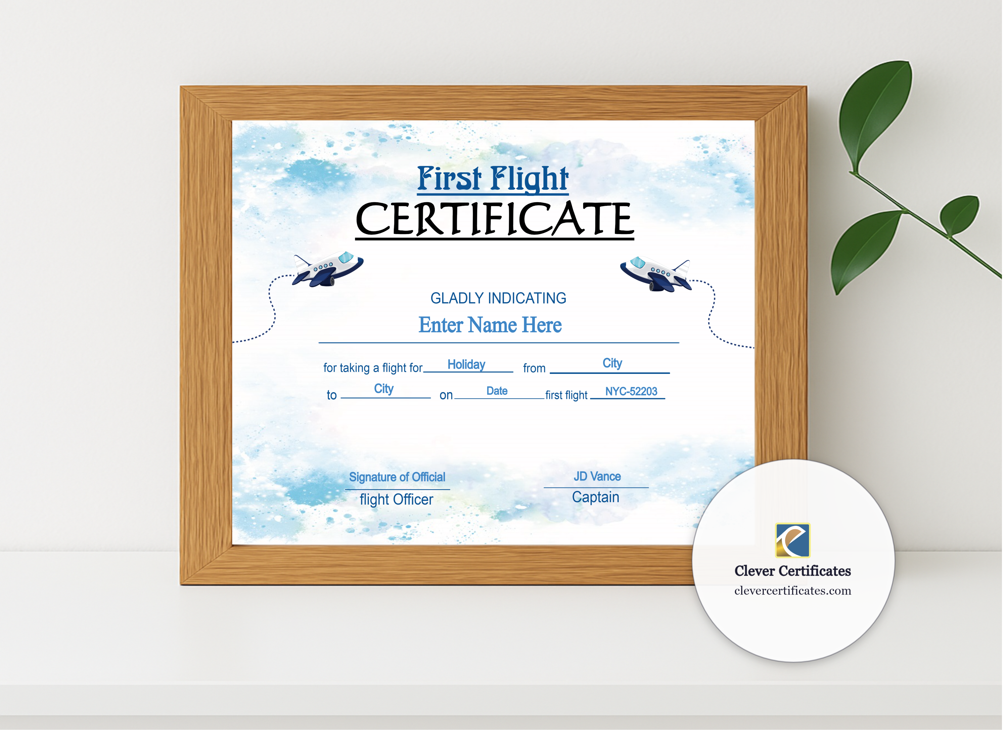Realistic mockup featuring Air India Baby First Flight Certificate  displayed within a modern frame, set against a minimalistic background.