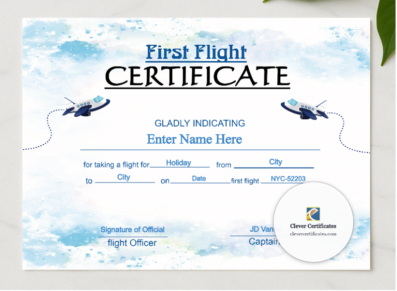 Air India Baby First Flight Certificate  presented in a sleek wooden frame, elegantly arranged on a stylish table.