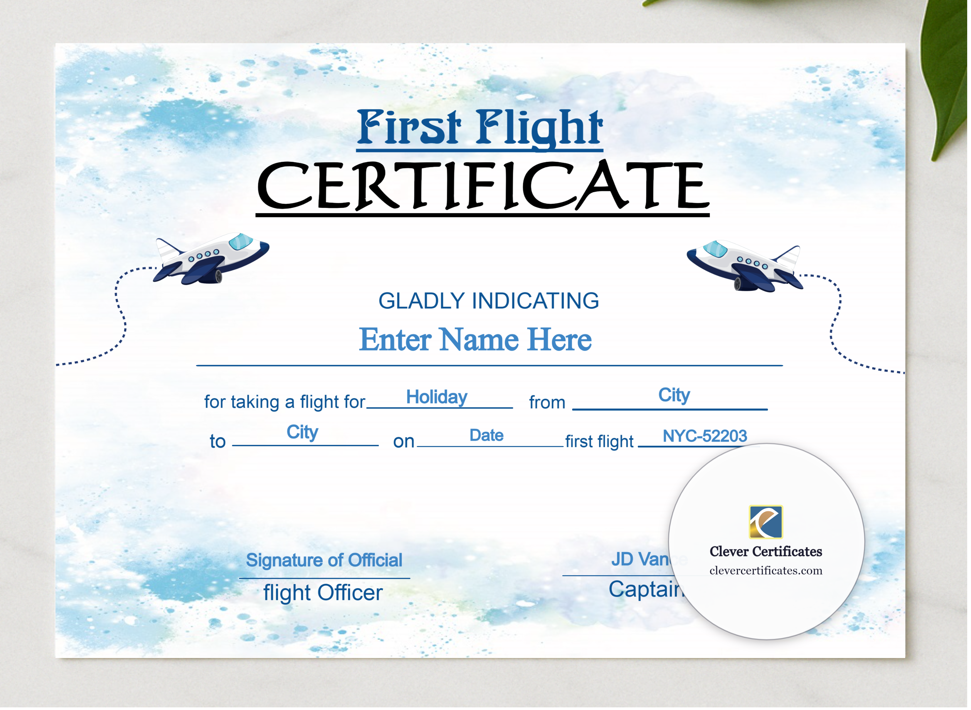 Air India Baby First Flight Certificate  presented in a sleek wooden frame, elegantly arranged on a stylish table.