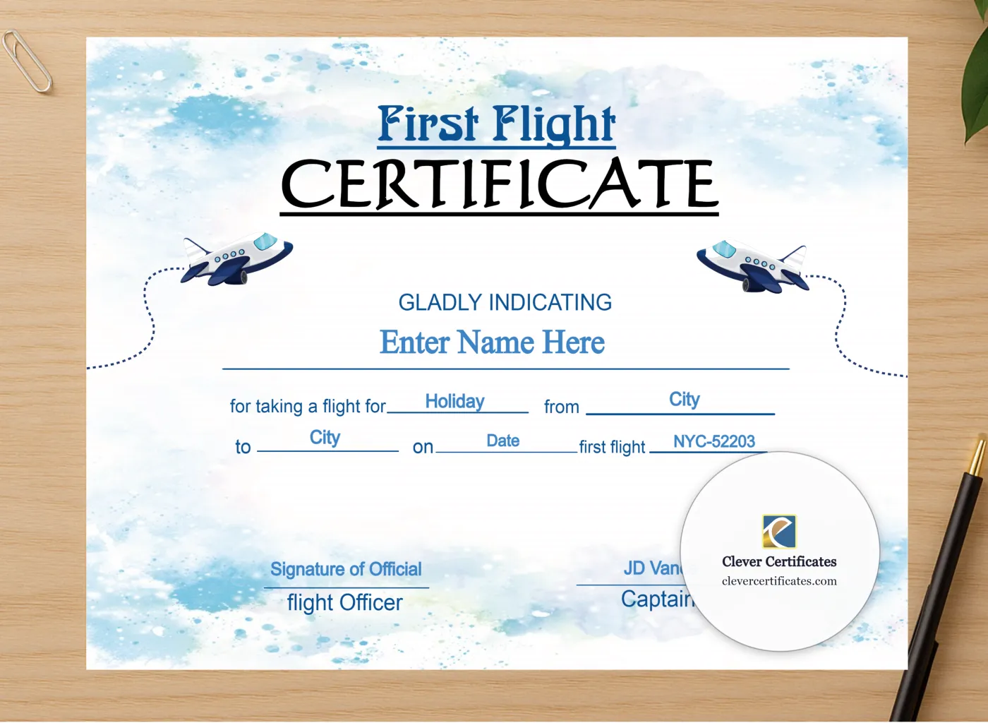 Professional preview of Air India Baby First Flight Certificate certificate on high-quality stationery paper, ideal for showcasing the final look.