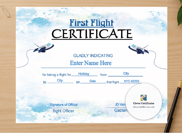Professional preview of Air India Baby First Flight Certificate  certificate on high-quality stationery paper, ideal for showcasing the final look.
