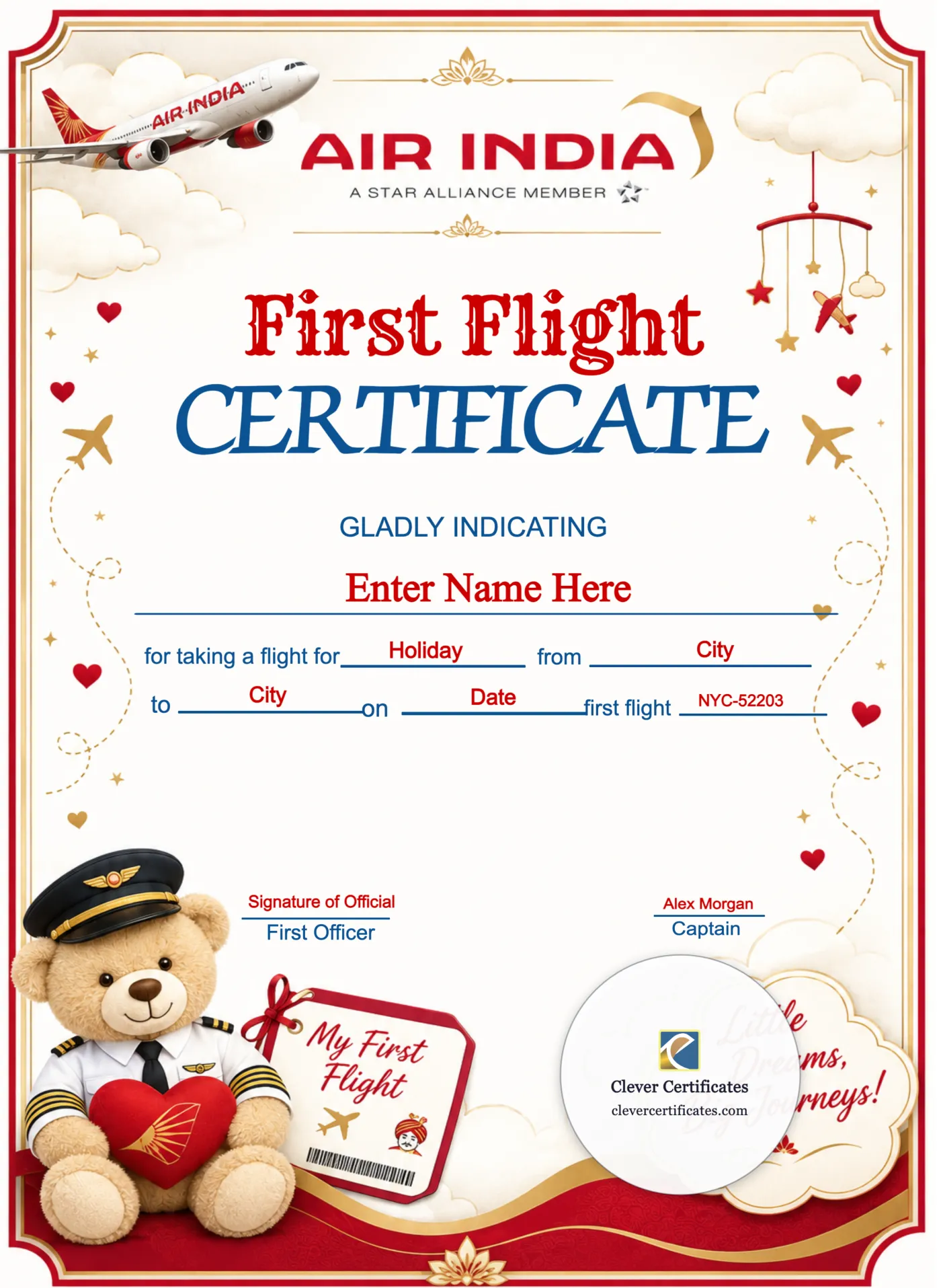 Air India Baby First Flight Certificate Portrait — Certificate Template Preview