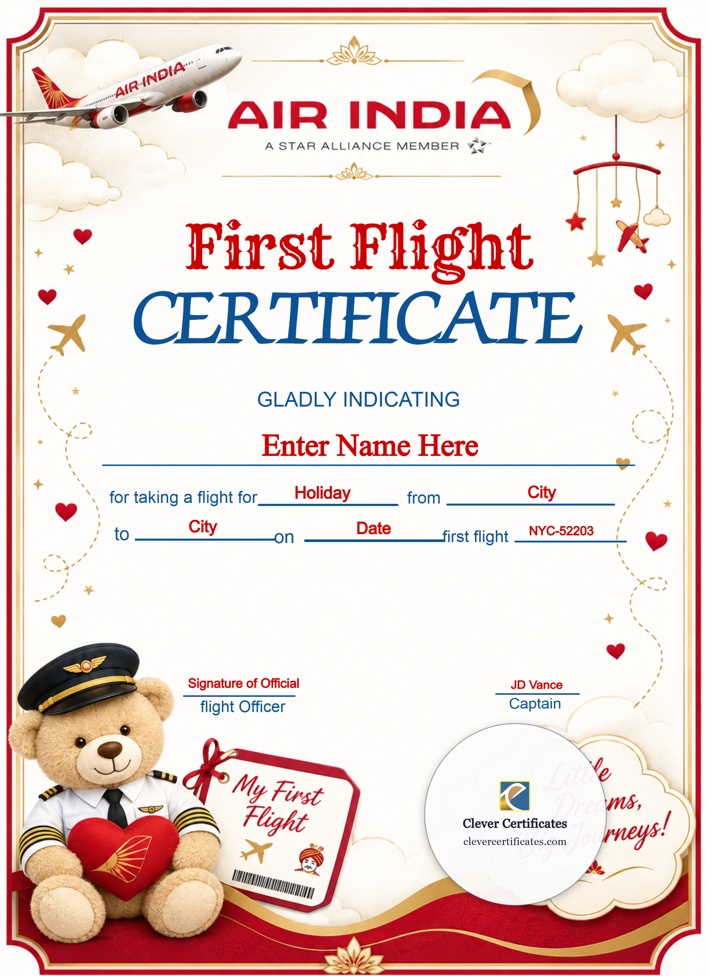 Air India Baby First Flight Certificate Portrait — Certificate Template Preview