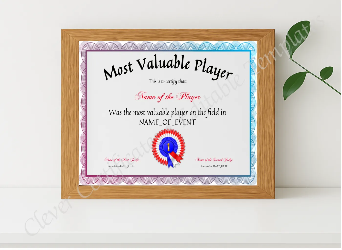 Realistic mockup featuring Most Valuable Player Award displayed within a modern frame, set against a minimalistic background.