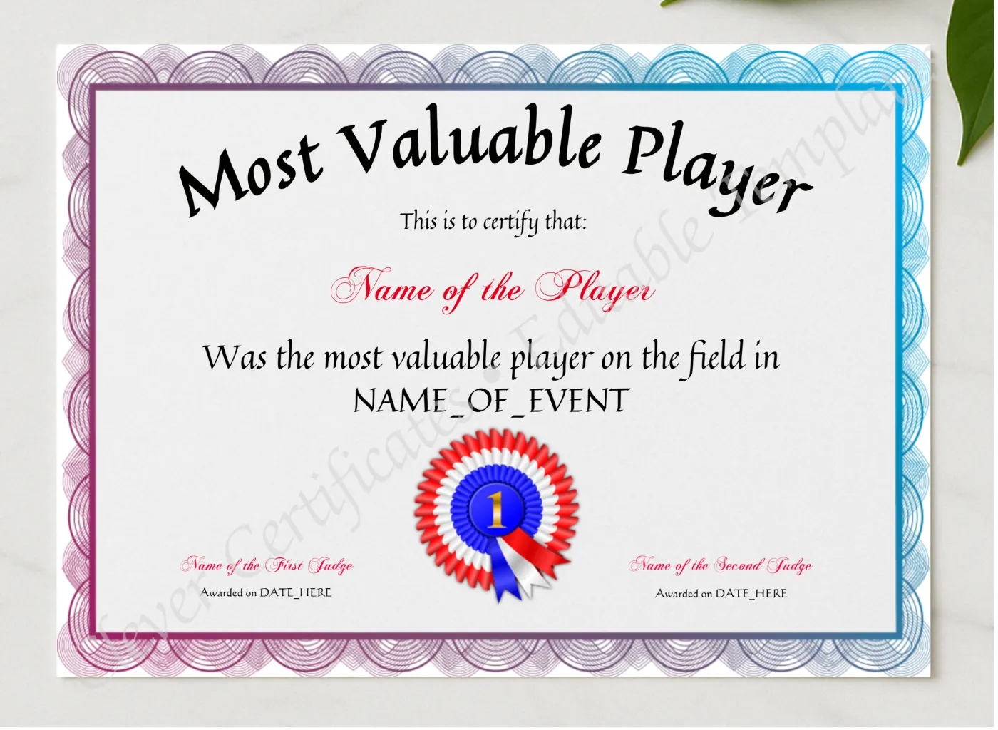 Most Valuable Player Award presented in a sleek wooden frame, elegantly arranged on a stylish table.
