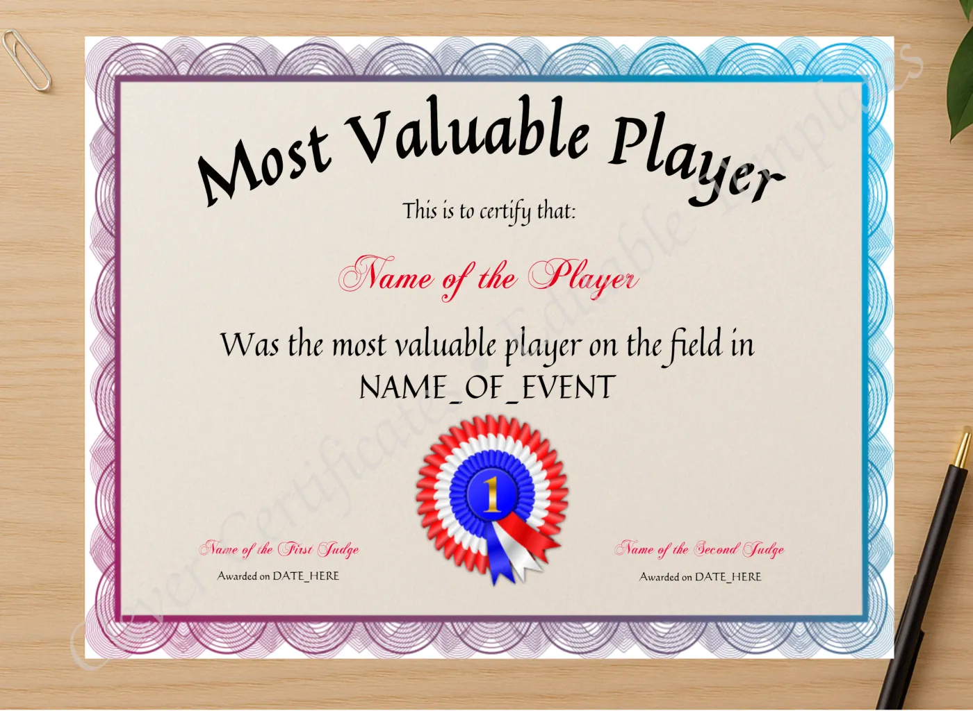 Professional preview of Most Valuable Player Award certificate on high-quality stationery paper, ideal for showcasing the final look.