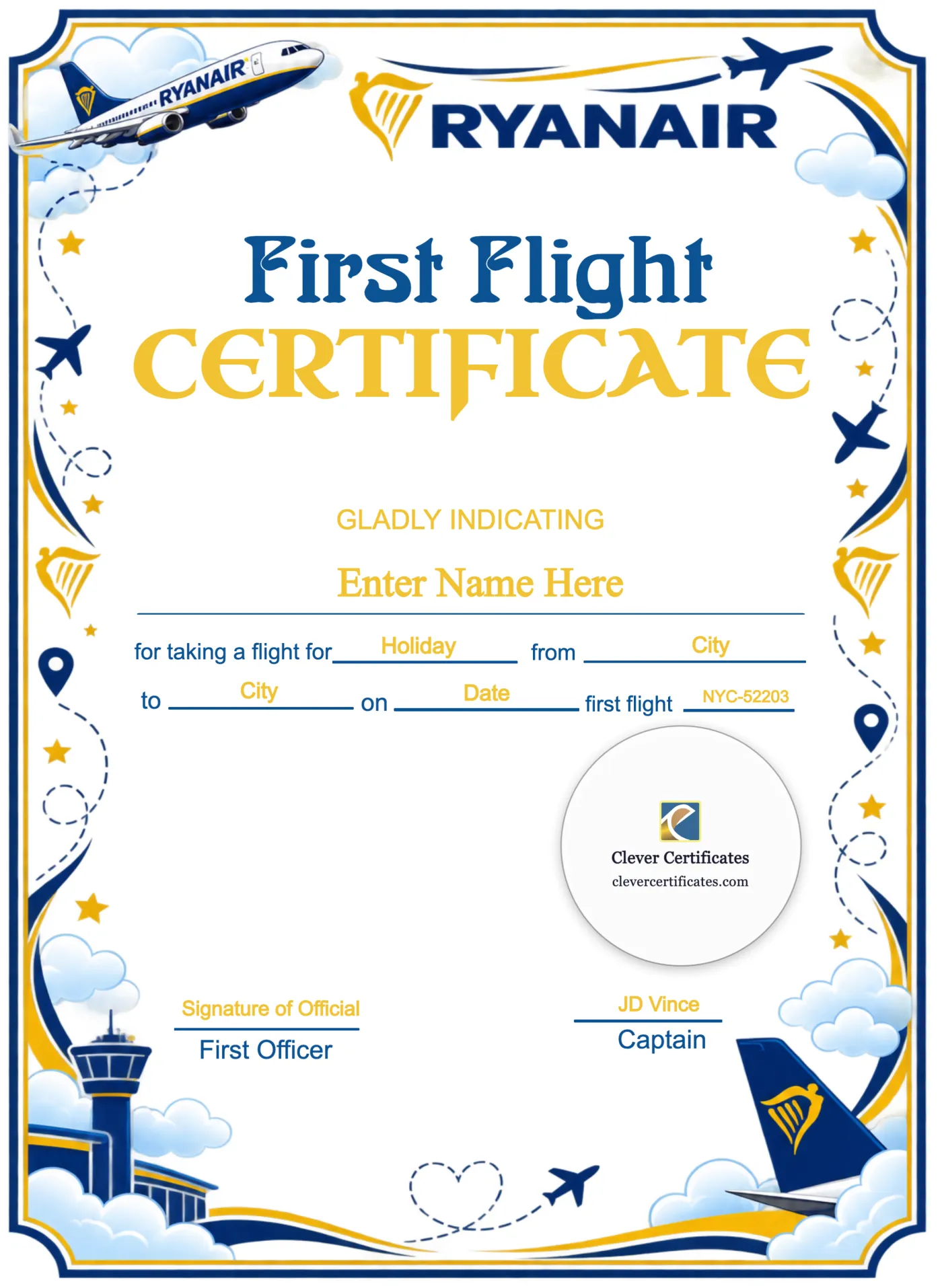 Ryanair Baby First Flight Certificate Portrait — Certificate Template Preview