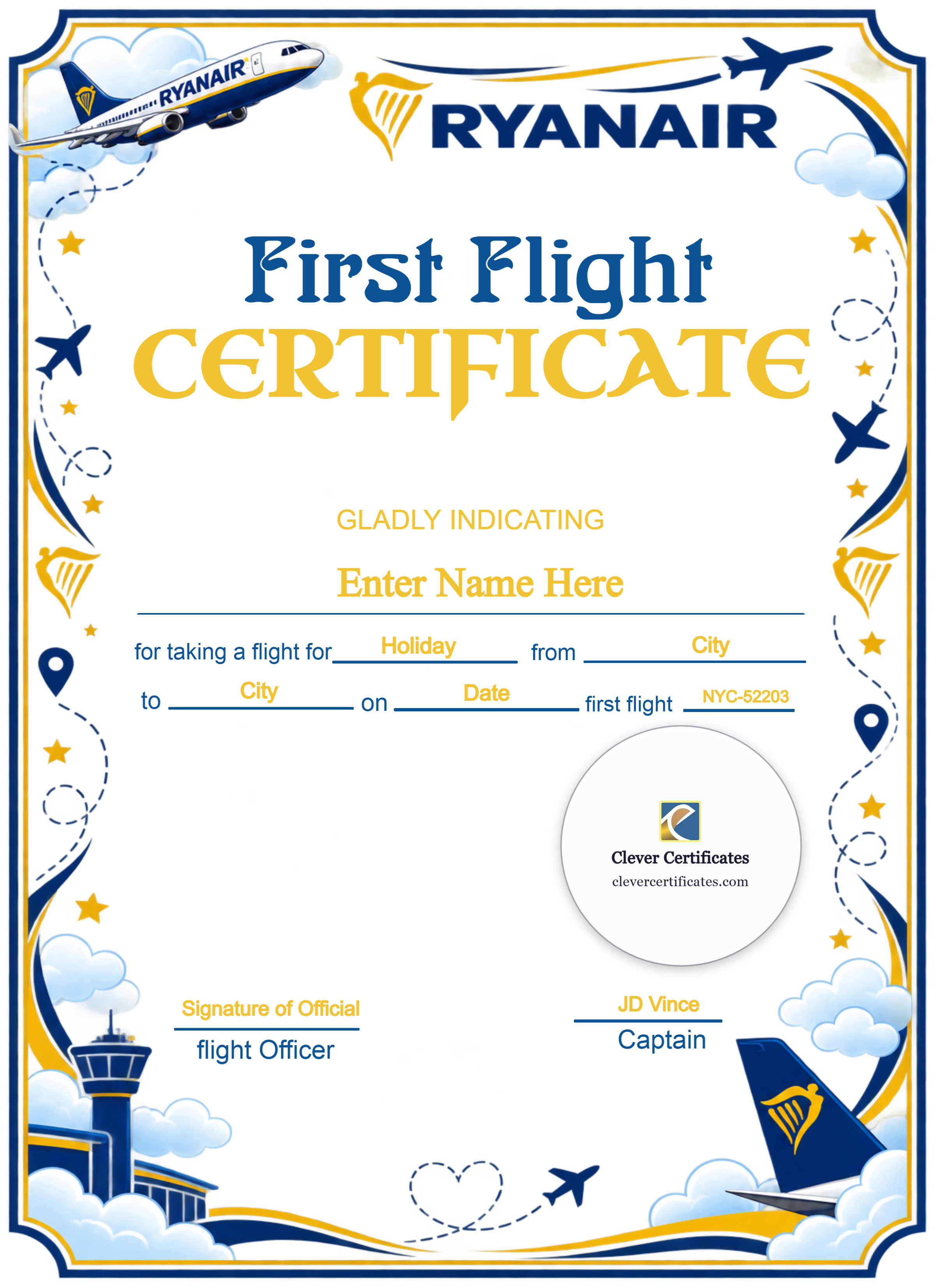 Ryanair Baby First Flight Certificate Portrait — Certificate Template Preview
